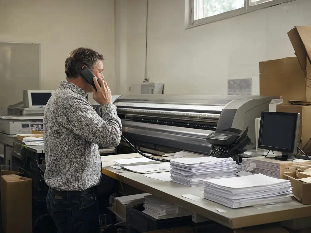 A print shop owner on the phone in his back room while a printer runs behind him.