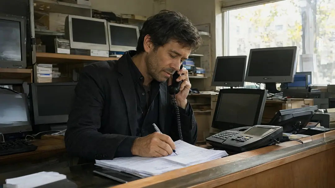 A business owner on the phone at a shop counter, writing notes on a pad.
