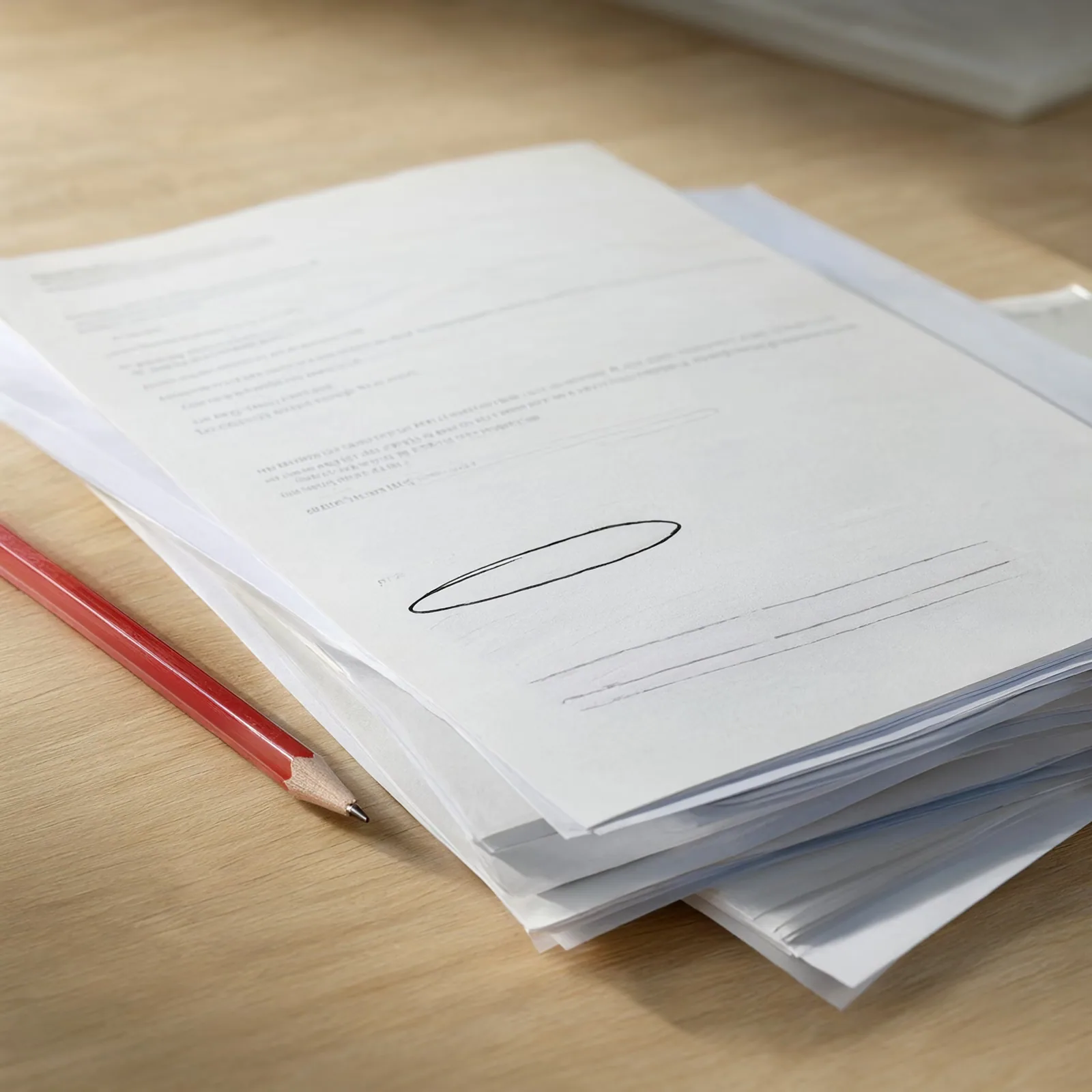 A red pencil resting on printed pages with one line circled.