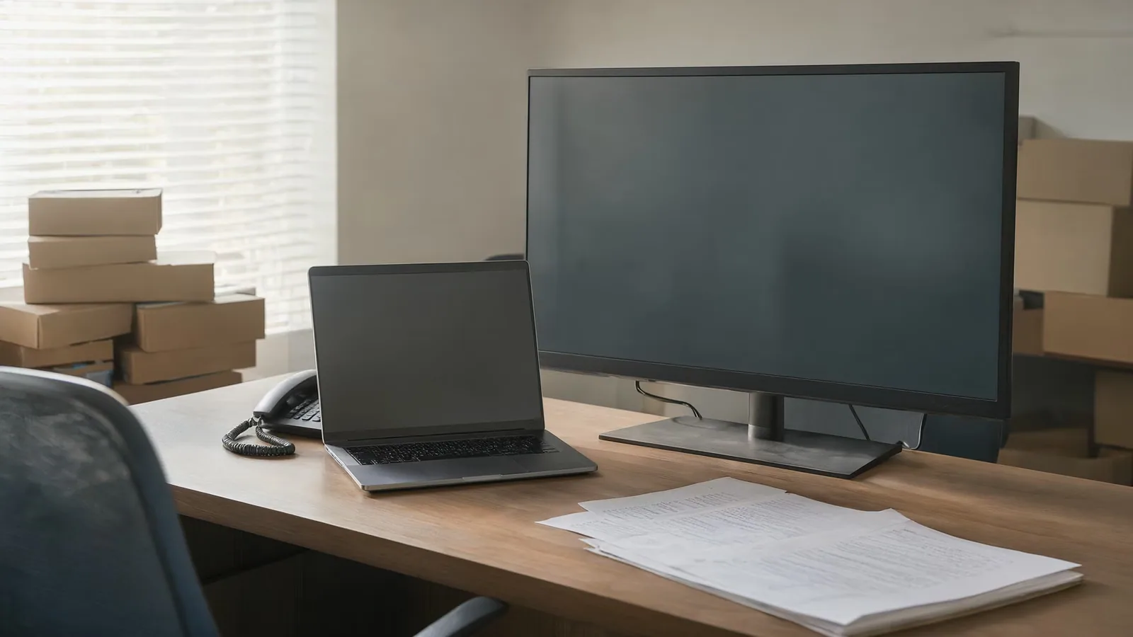 A small installation company's front office with a desk, a closed laptop and a stack of plain boxes.