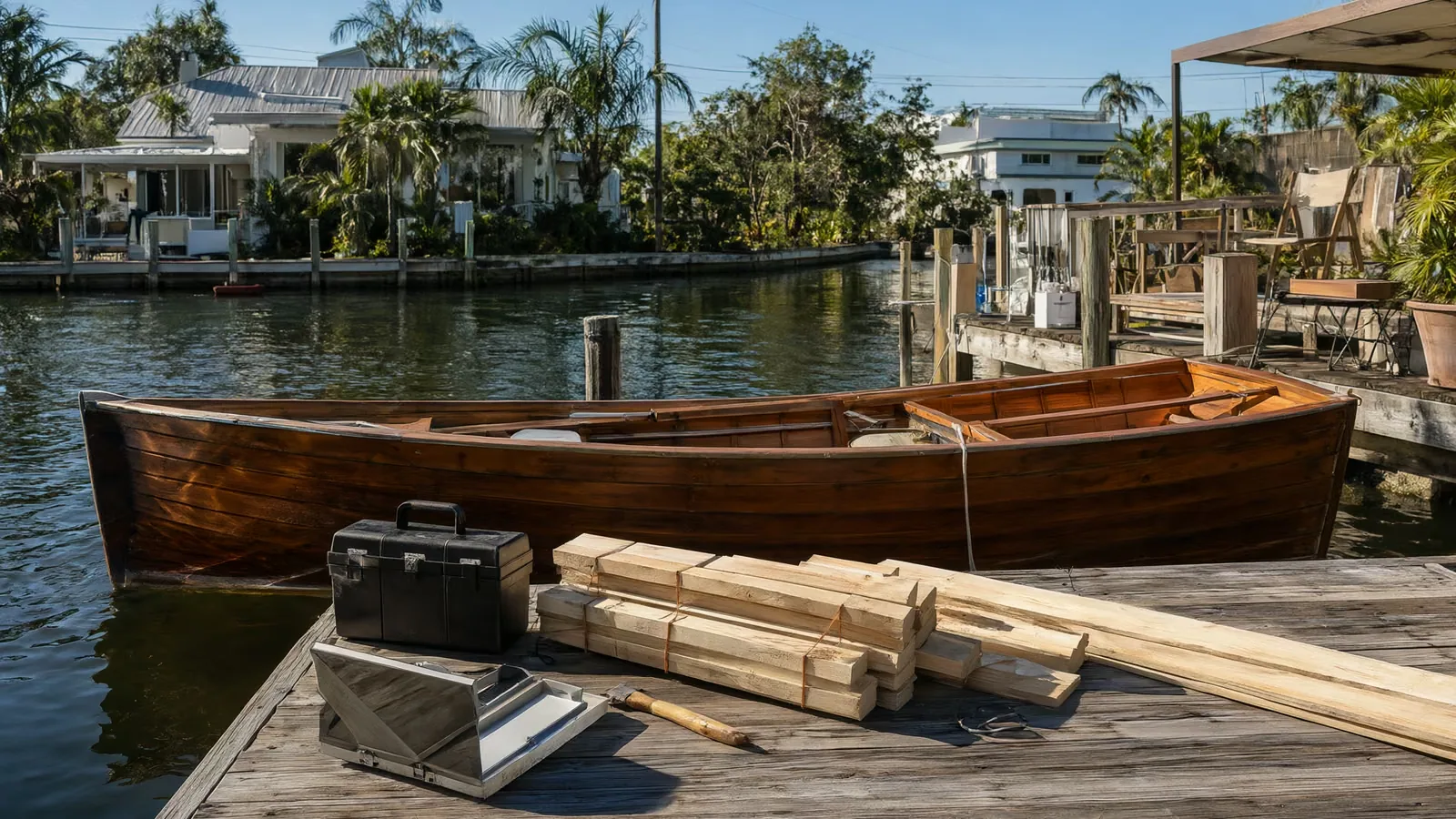 A boat dock behind a canal-side home with a contractor's tools and lumber stacked on the boards.