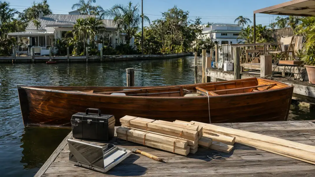 A boat dock behind a canal-side home with a contractor's tools and lumber stacked on the boards.