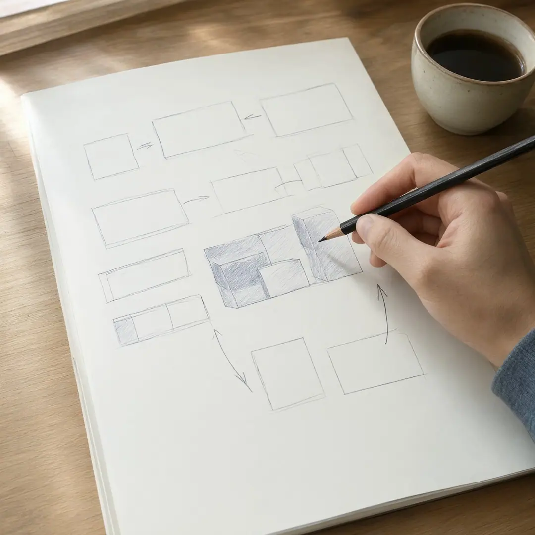A hand sketching blocks of different sizes in a paper notebook to plan work.