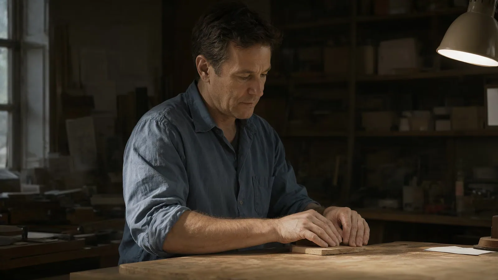 A man sanding wood at a workbench under a single warm lamp in a dim workshop.