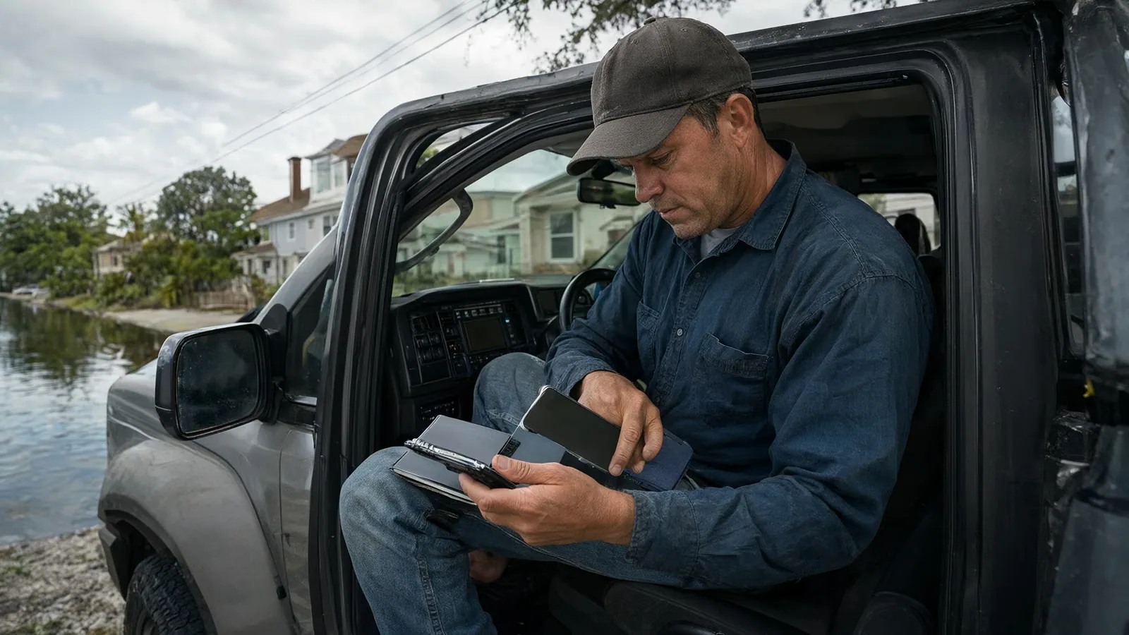 A contractor sitting in a pickup truck parked beside a residential canal, looking down at a phone.