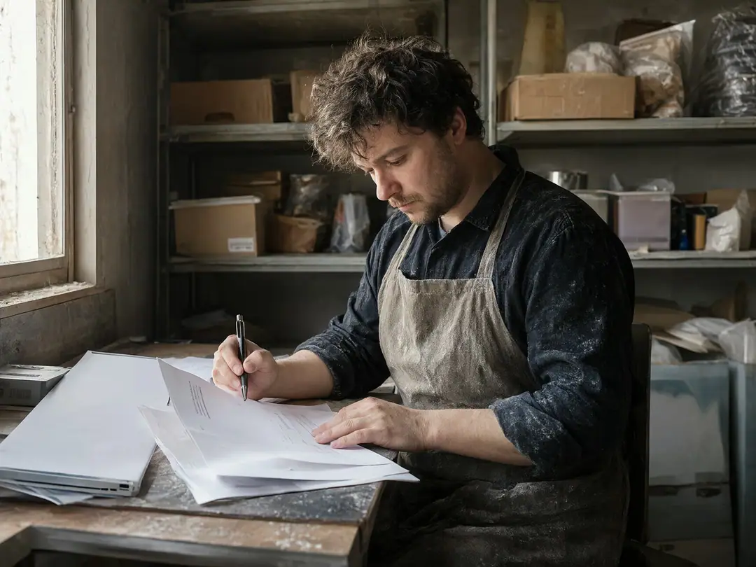 A bakery owner reviews printed pages with a pen at a small back-office desk.