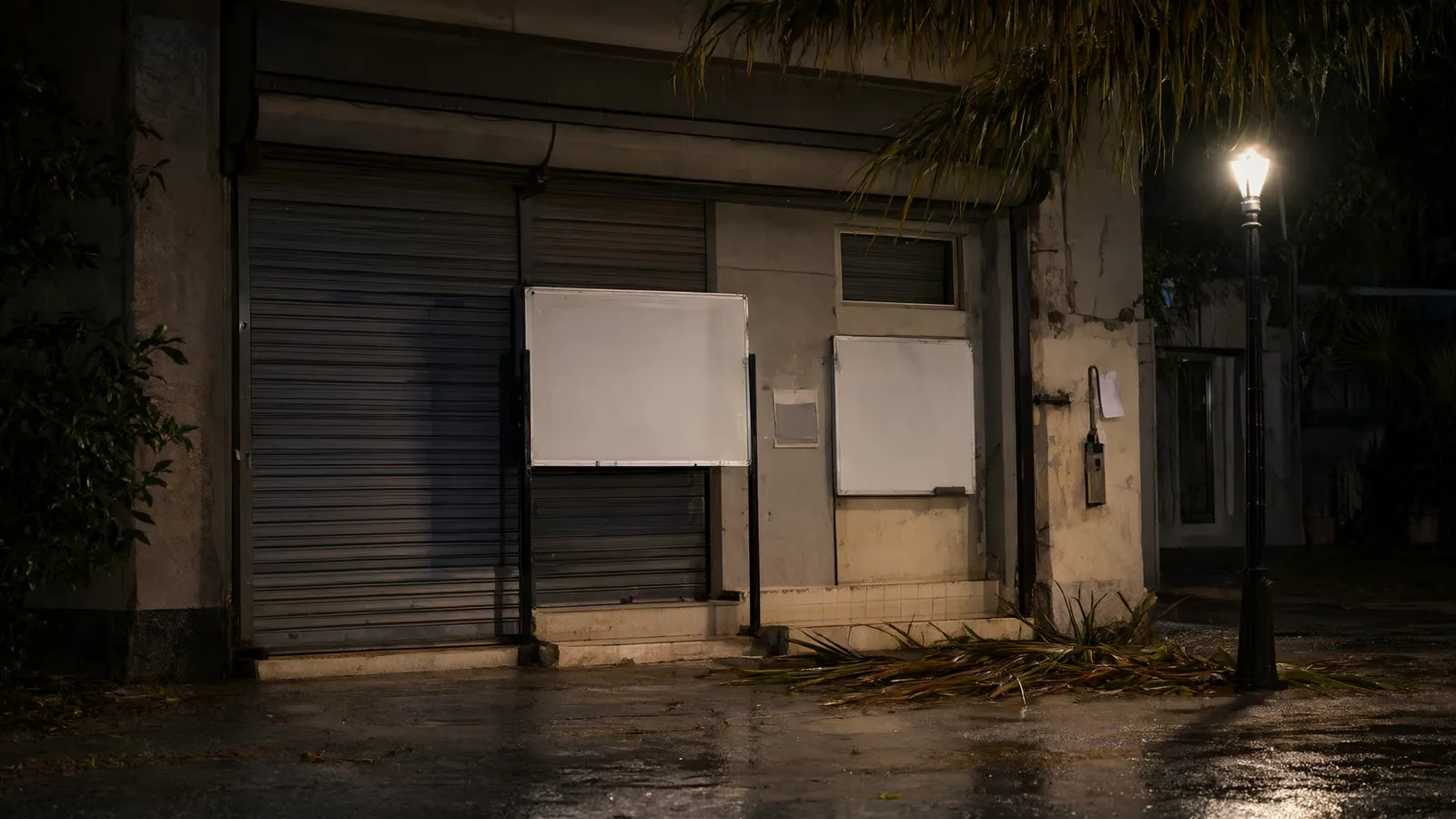 A closed business storefront at night with wet pavement and storm debris outside.