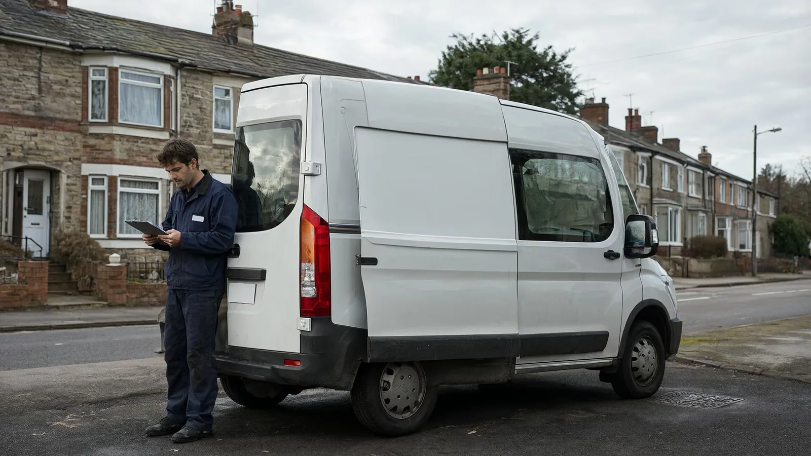 A tradesman next to his work van checking a clipboard on a residential street.