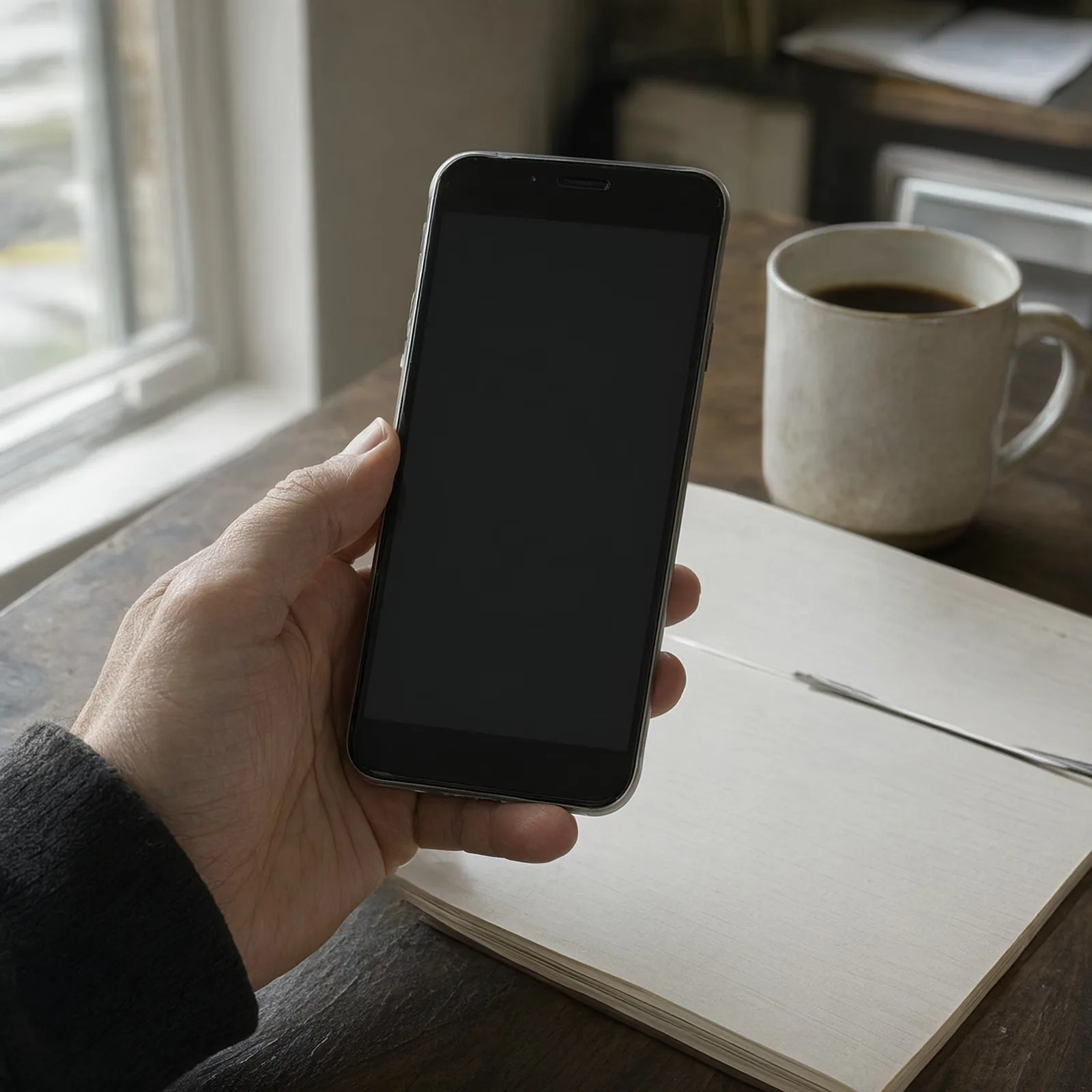 A person at a kitchen table holds a phone with the screen facing away, next to a notebook and a mug.