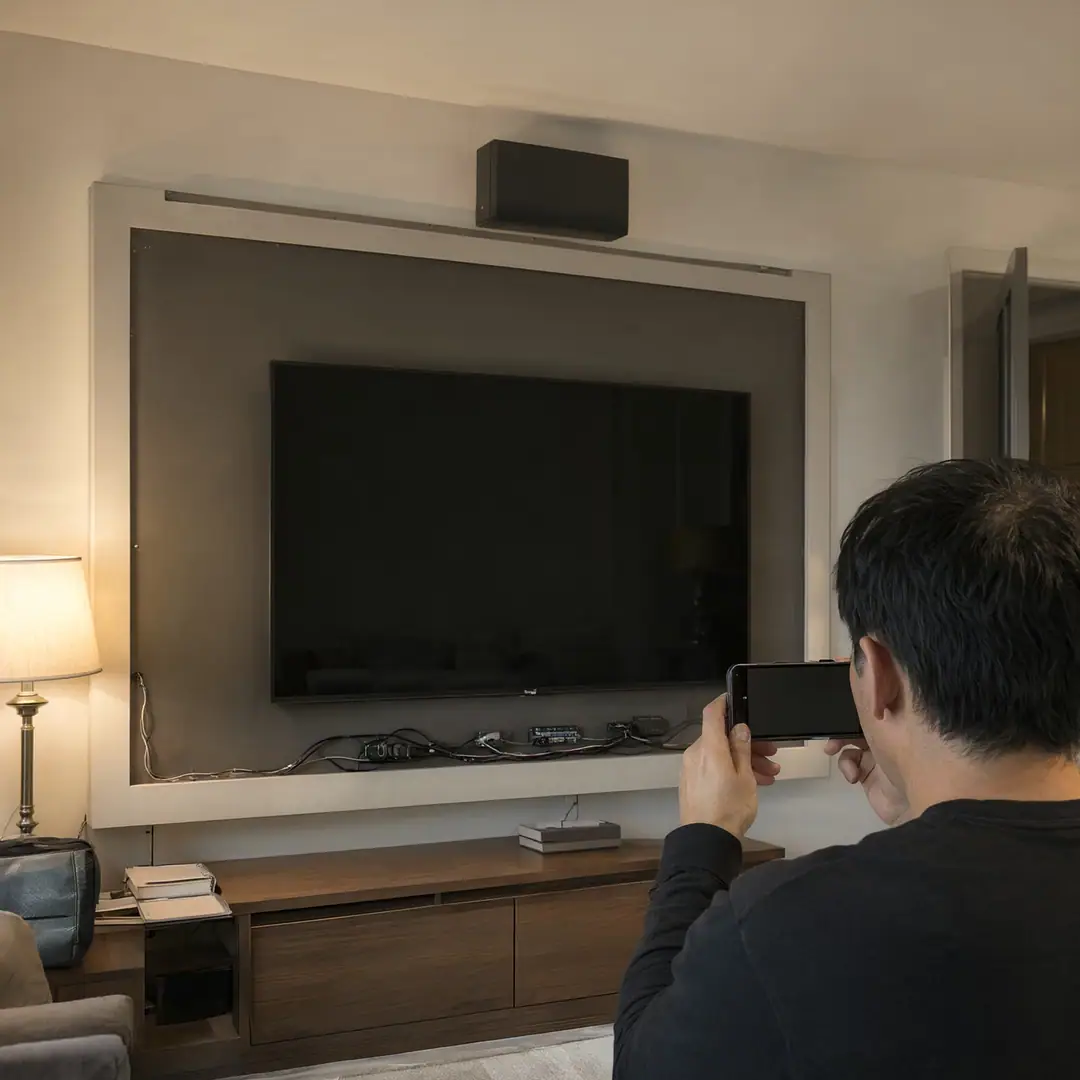 A technician photographs a finished media wall installation in a living room with a phone.
