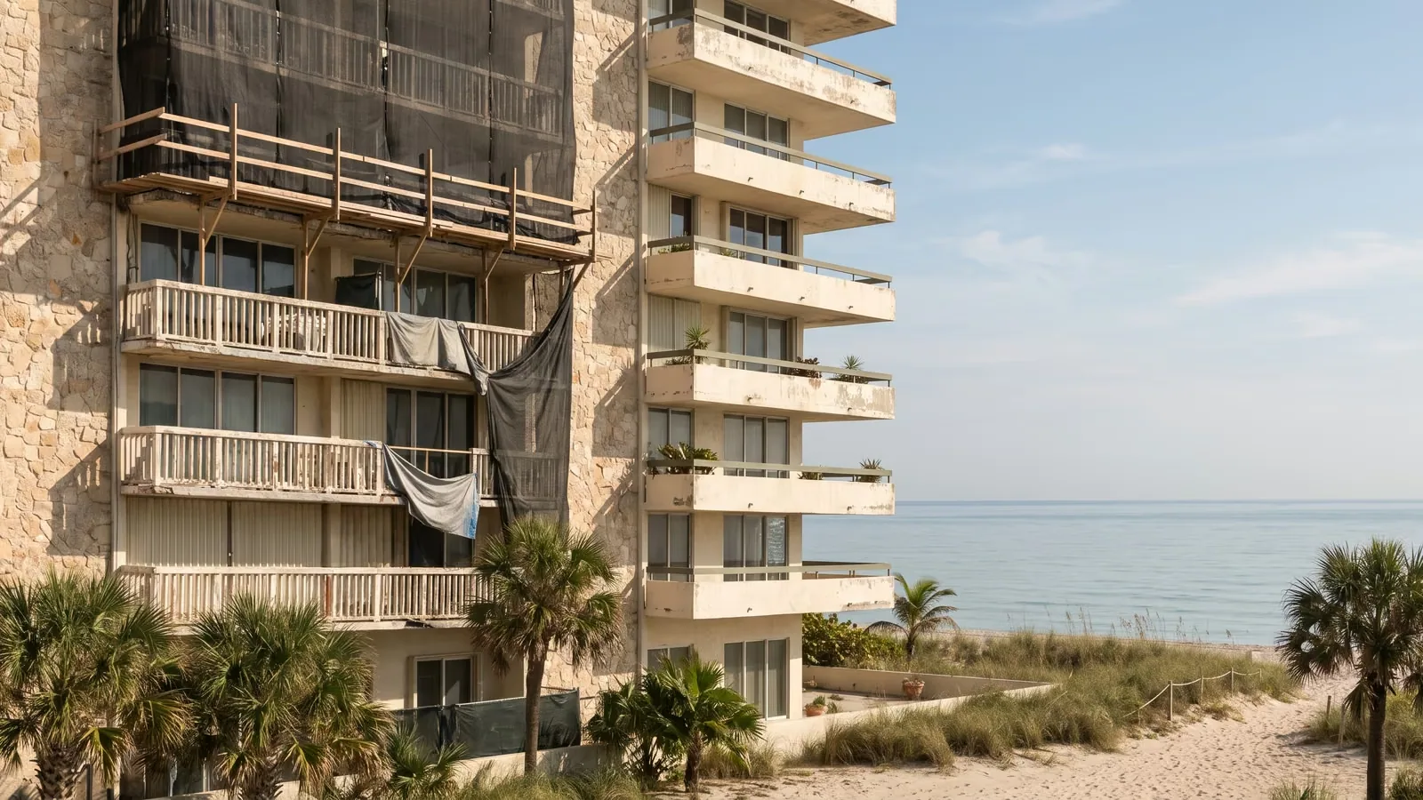 An older oceanfront condominium tower in Fort Lauderdale with scaffolding along part of its facade.
