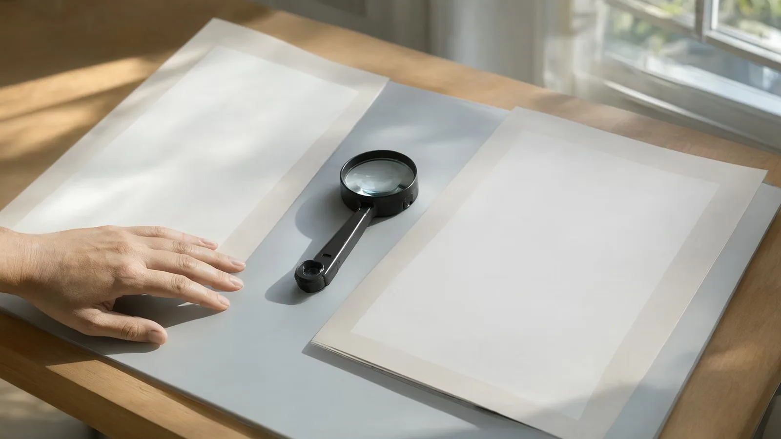 Two printed page proofs side by side on a light table with a loupe between them.