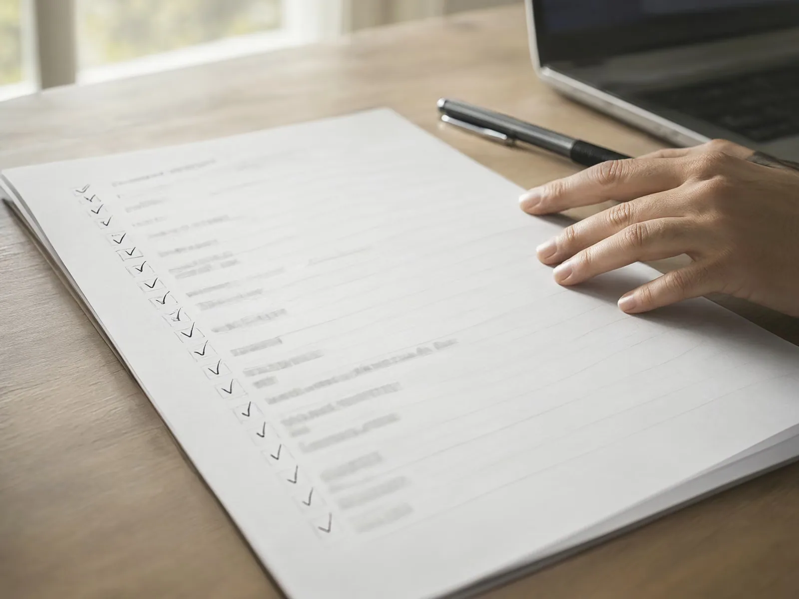 A printed checklist on a desk with a tick beside every line.