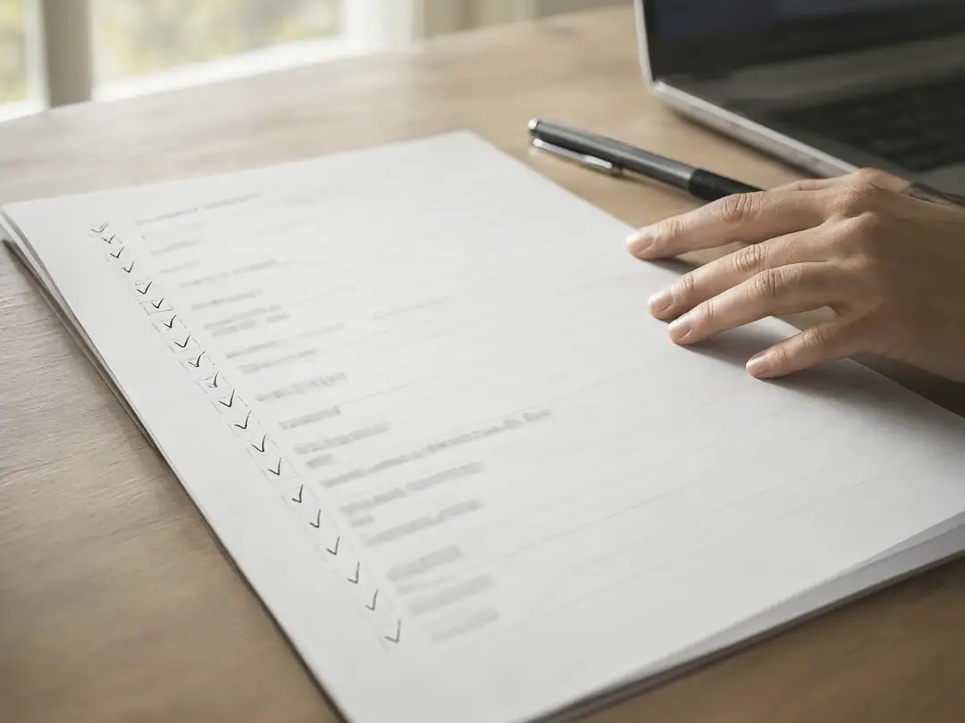 A printed checklist on a desk with a tick beside every line.