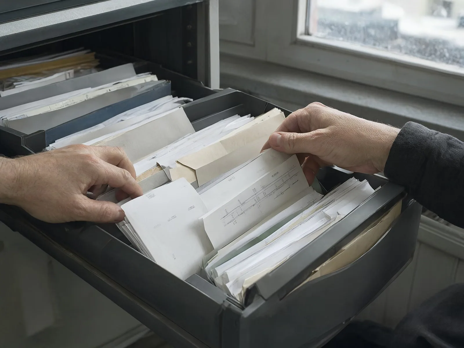 Hands searching through old paper receipts in an office filing drawer.