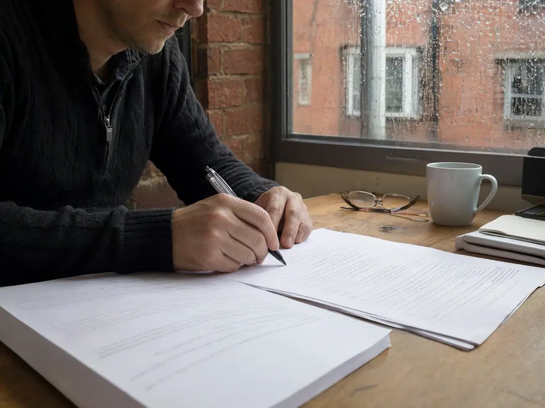 A business owner marks up printed pages with a pen at a wooden desk beside a rainy window.