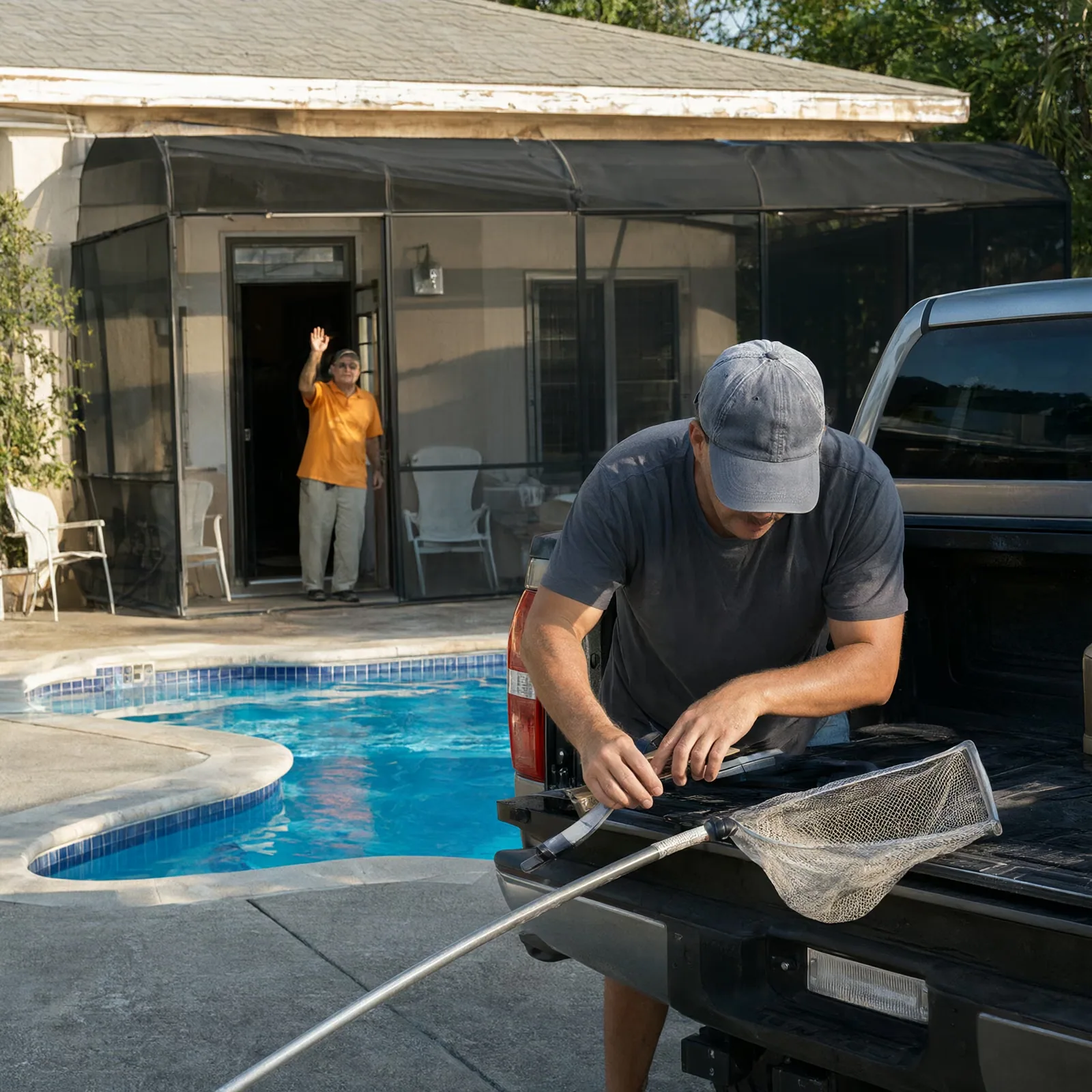 A pool technician packing up his gear as the homeowner waves goodbye.