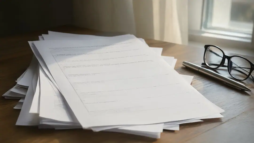 Printed report pages lie on a wooden desk beside reading glasses and a pen.