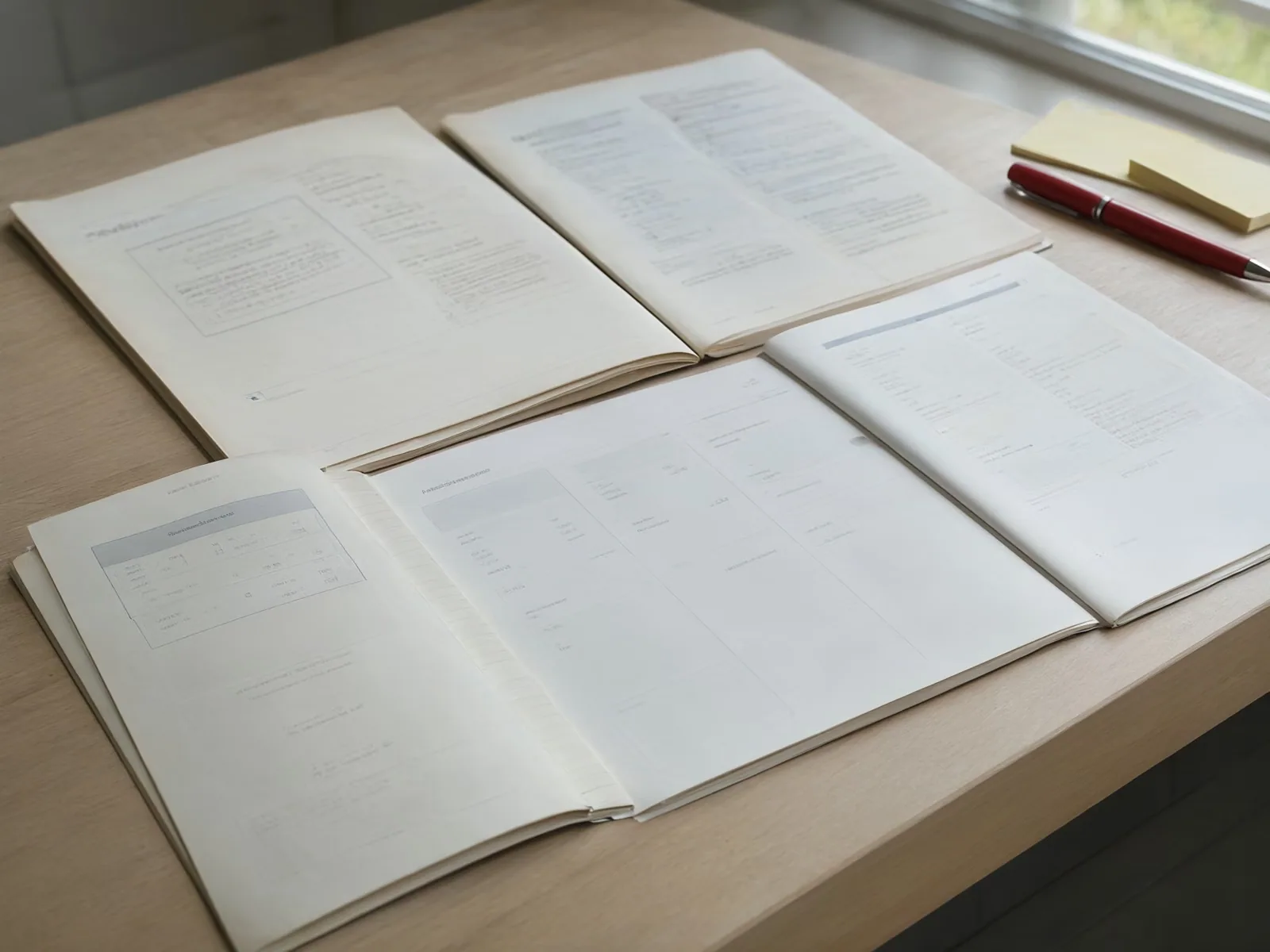 Old printed brochures spread across a table with a red pen and sticky notes on top.