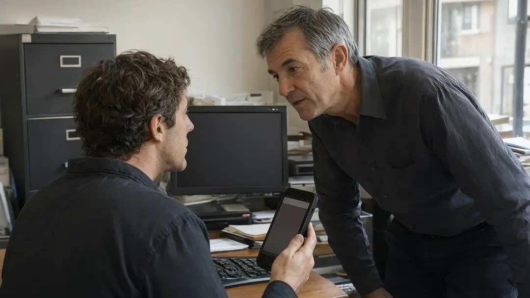 Two colleagues in a small back office talk while one of them holds a phone.