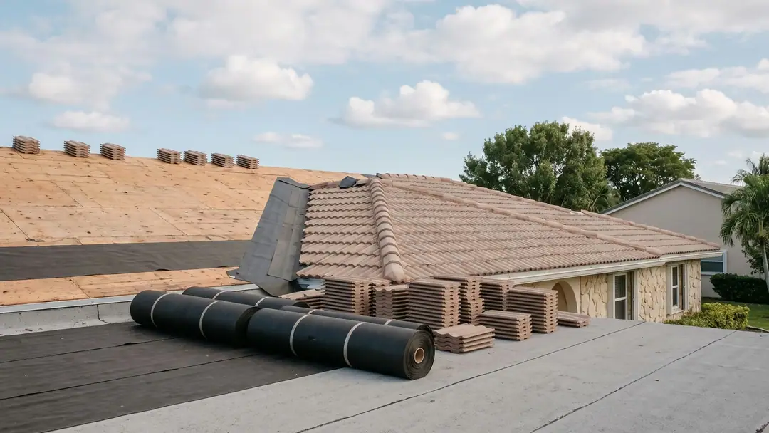 A South Florida house mid re-roof with stacked tiles and underlayment on the roof deck.