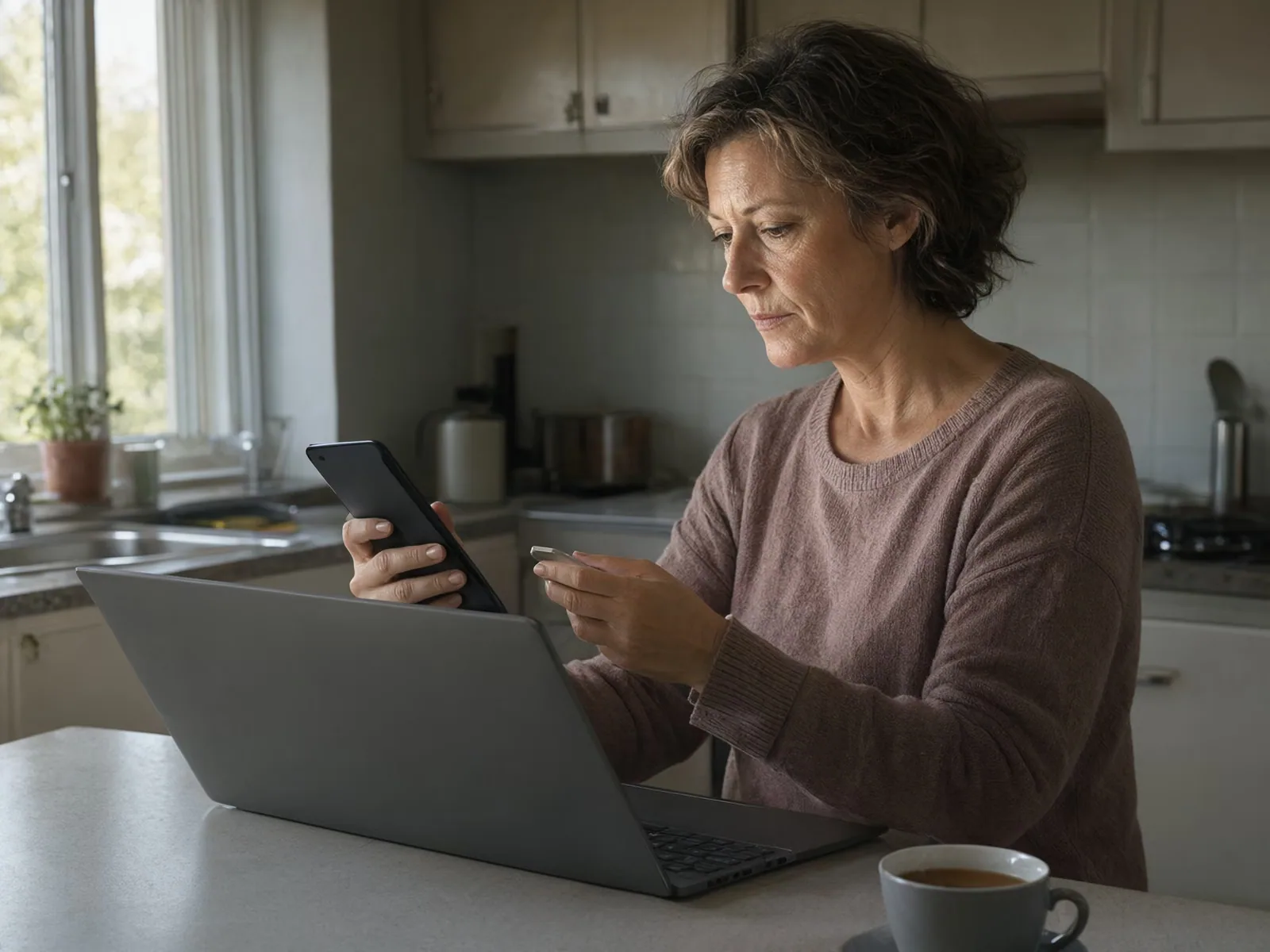 A woman stands at a kitchen counter checking something on her phone.