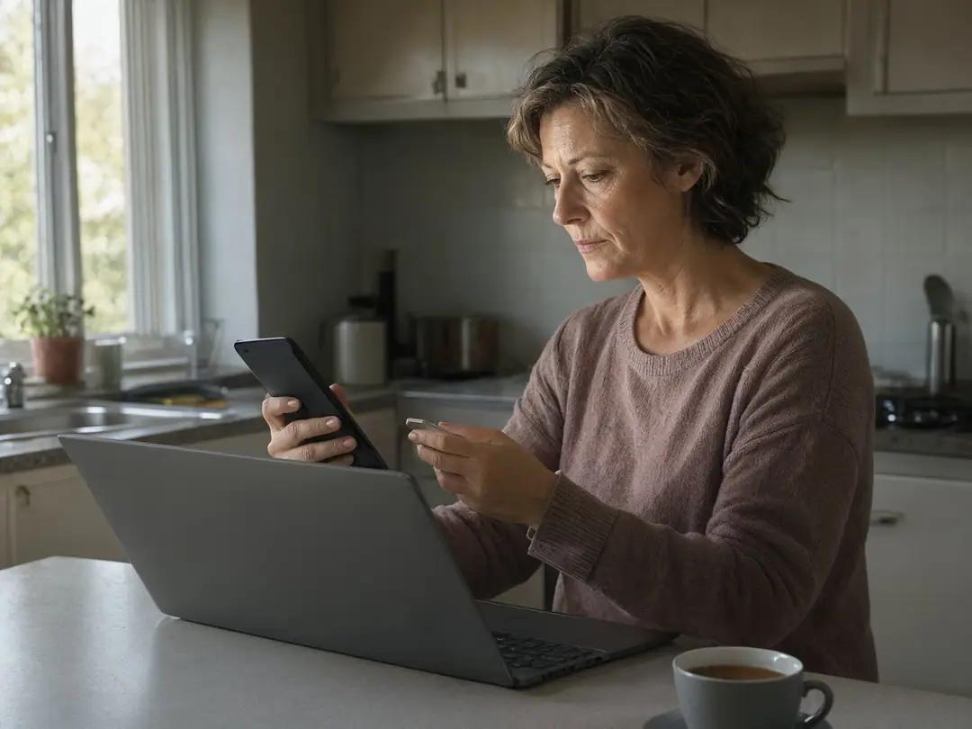 A woman stands at a kitchen counter checking something on her phone.