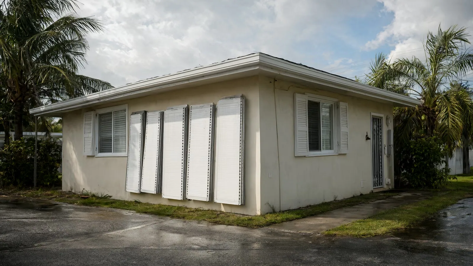 Storm shutters lean against the wall of a house on a wet South Florida street after rain.