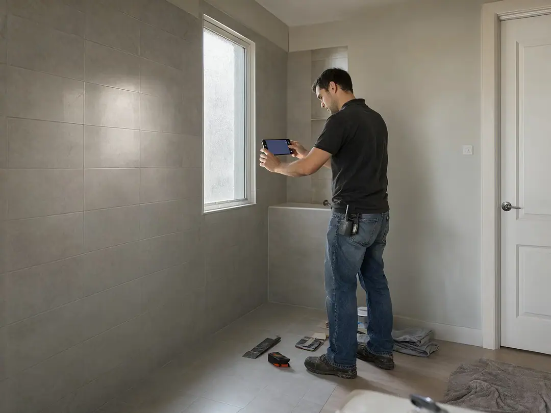 A contractor photographs a finished tiled bathroom with a phone after completing the job.