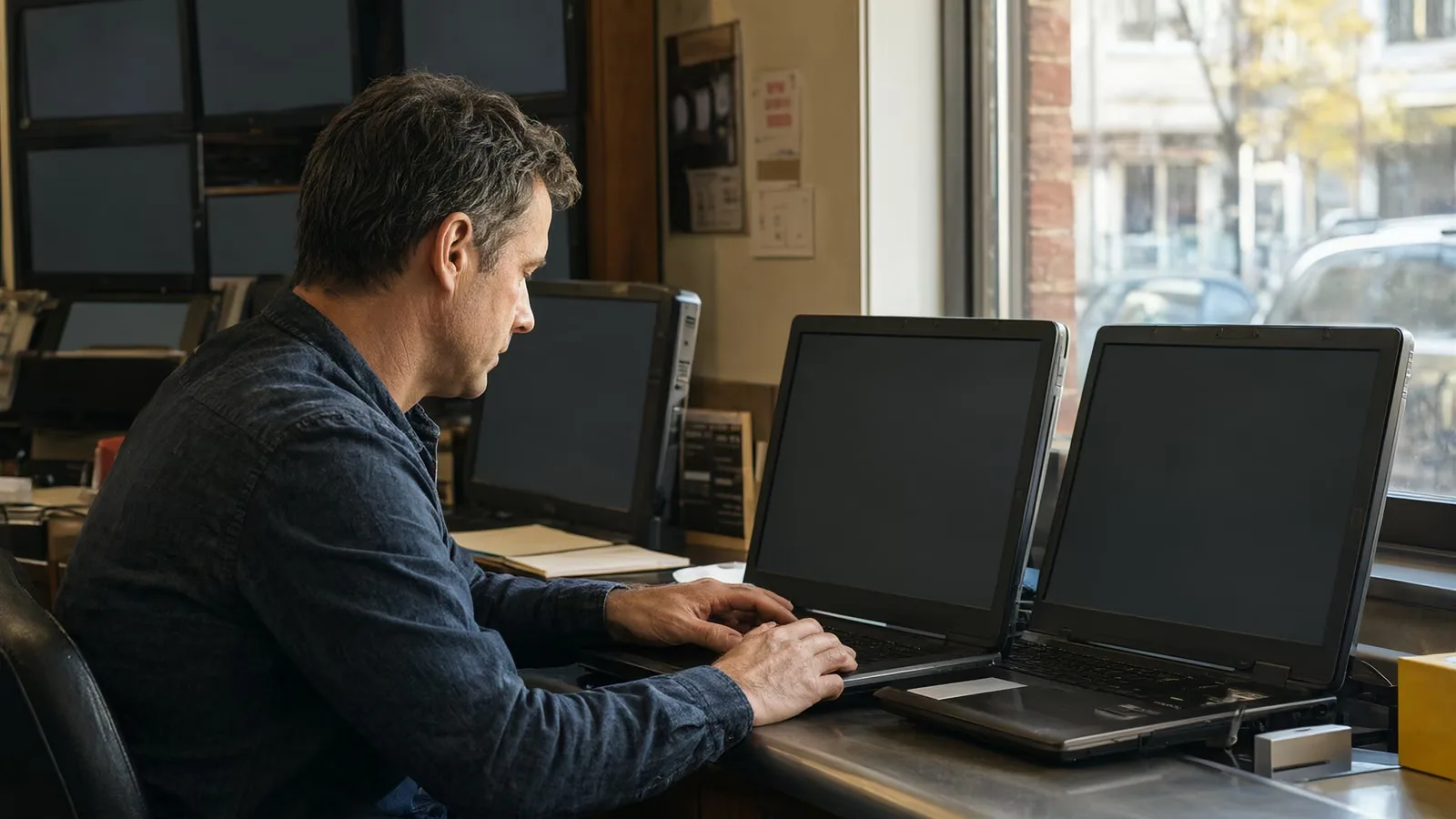 A shop owner at a store counter working on a laptop turned away from the camera in morning light.