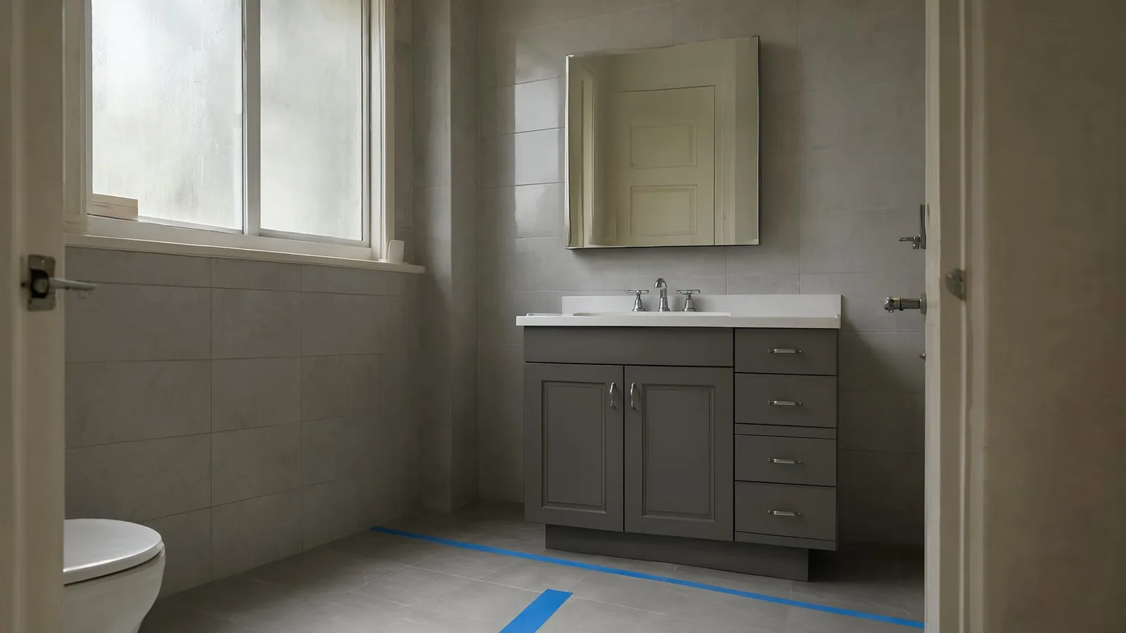 A newly tiled bathroom in window light with a strip of painter's tape on the floor marking a photo spot.