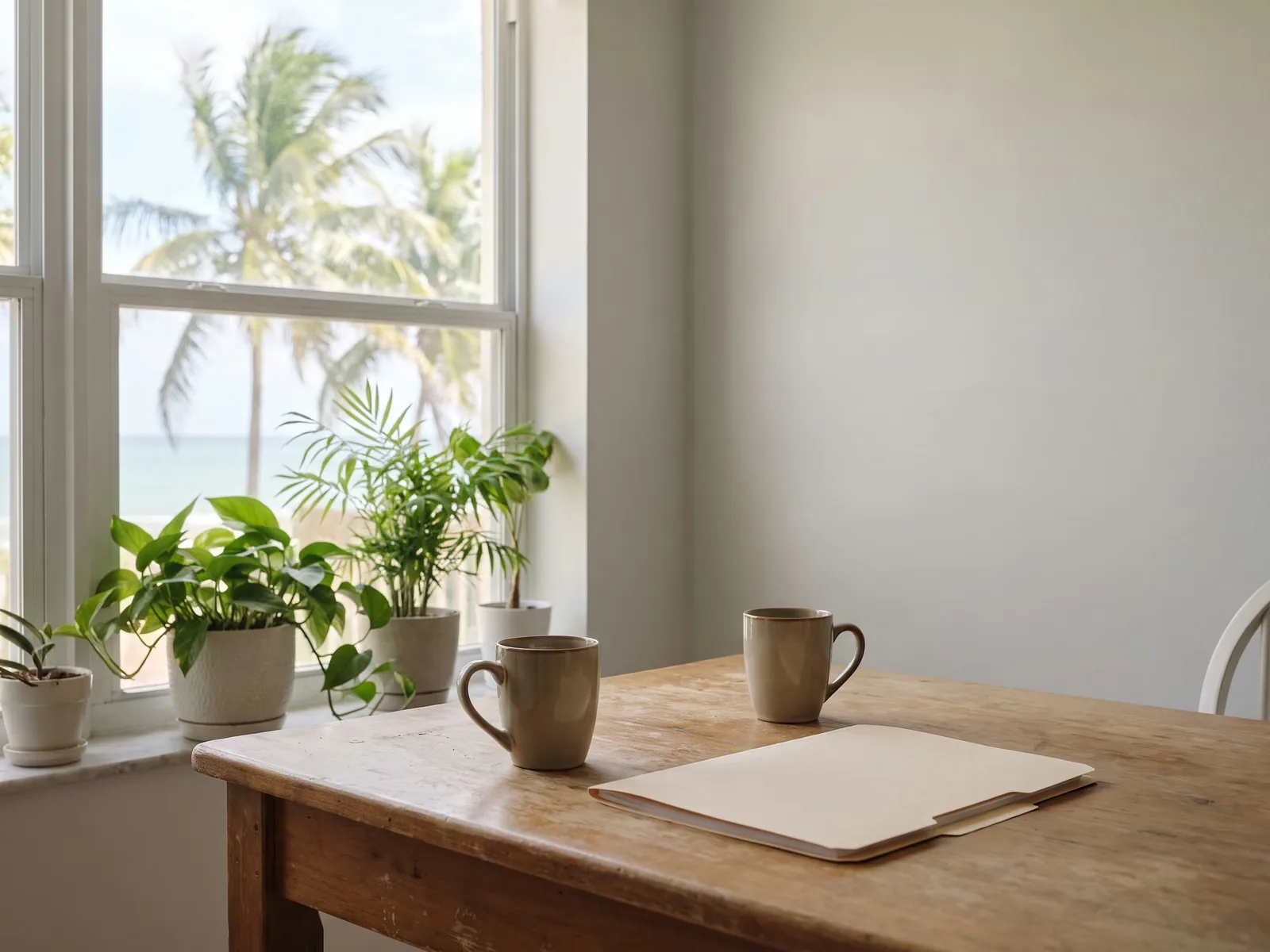 A kitchen table in a South Florida home with a closed folder and two coffee mugs.