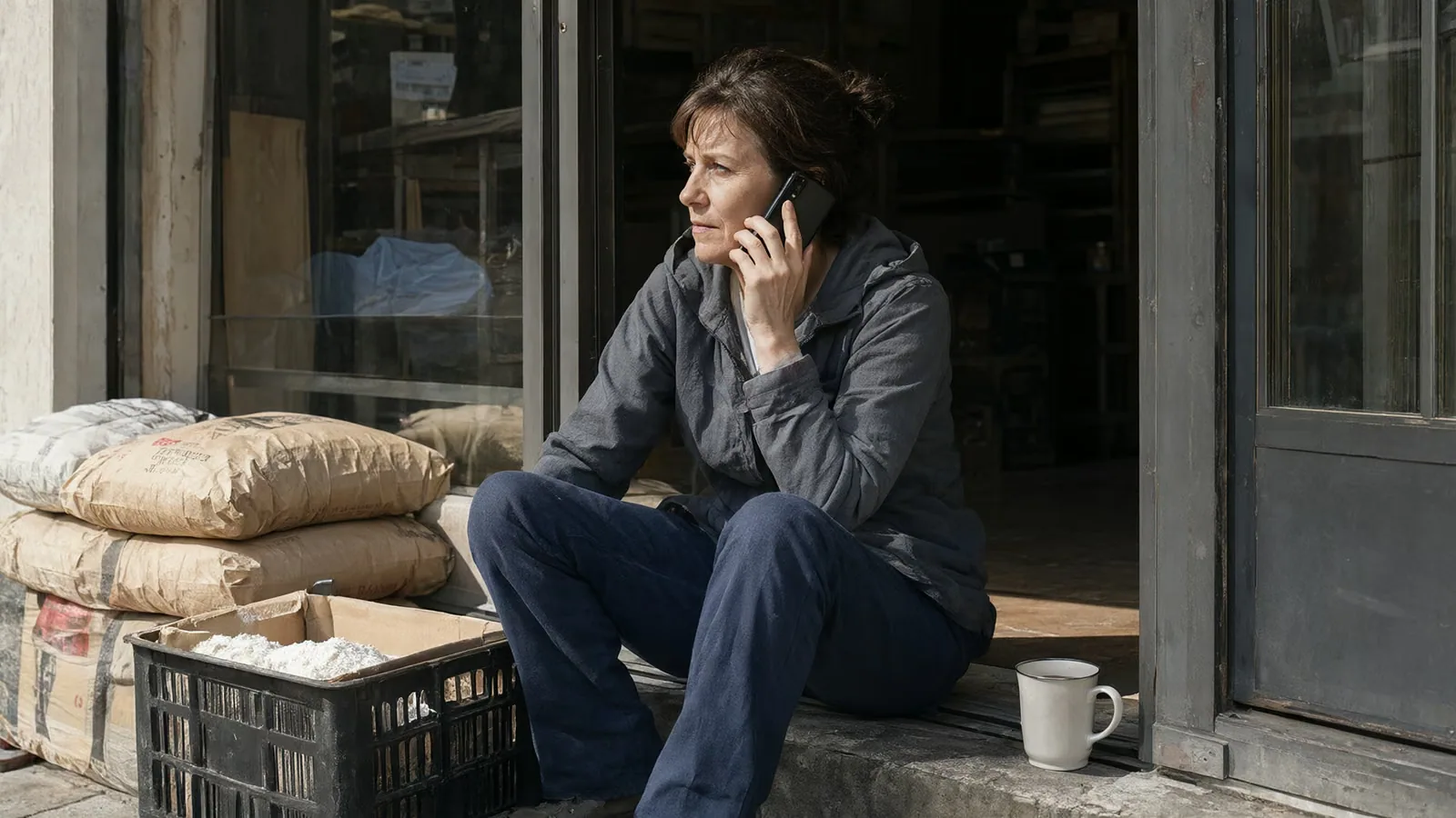 A bakery owner taking a phone call on her back step during a break.