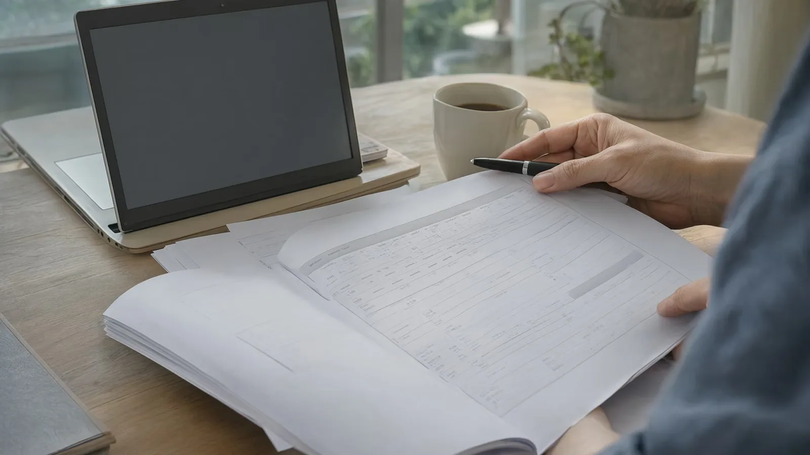 A person at a desk reviewing printed result pages with a pen, next to a coffee cup and a closed laptop.
