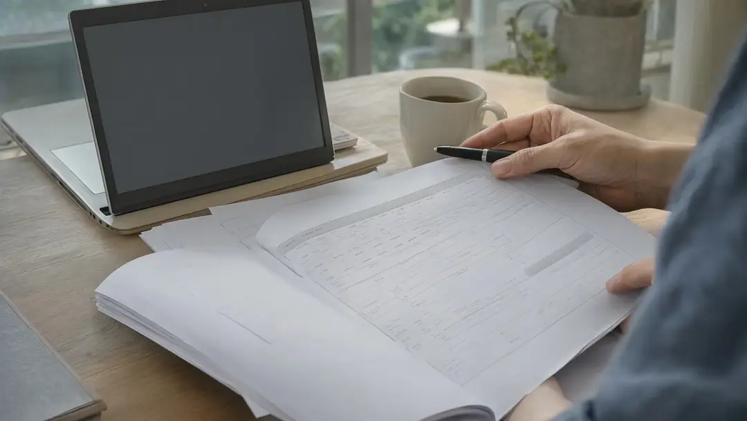 A person at a desk reviewing printed result pages with a pen, next to a coffee cup and a closed laptop.