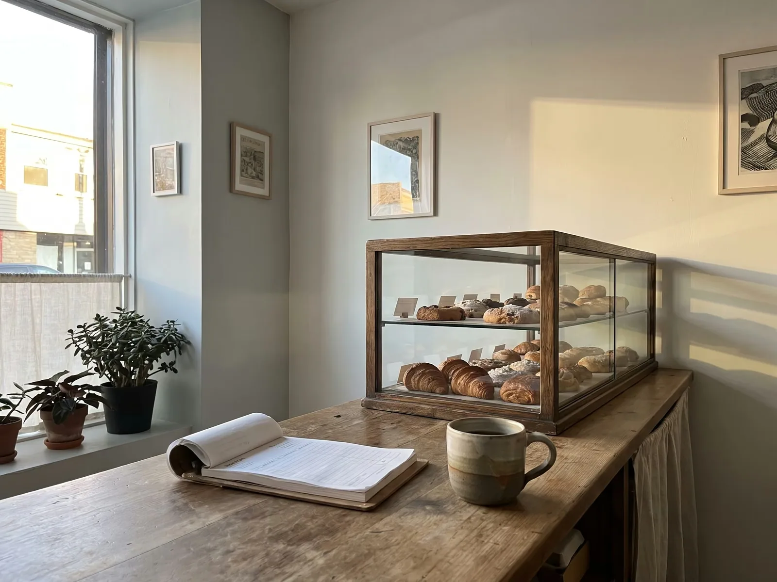 The counter of a small family-run bakery in South Florida with pastries and a coffee cup in warm window light.
