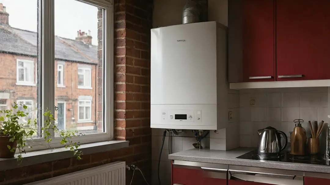 A wall-mounted boiler in a tidy kitchen of a brick terraced house, lit by soft autumn daylight.