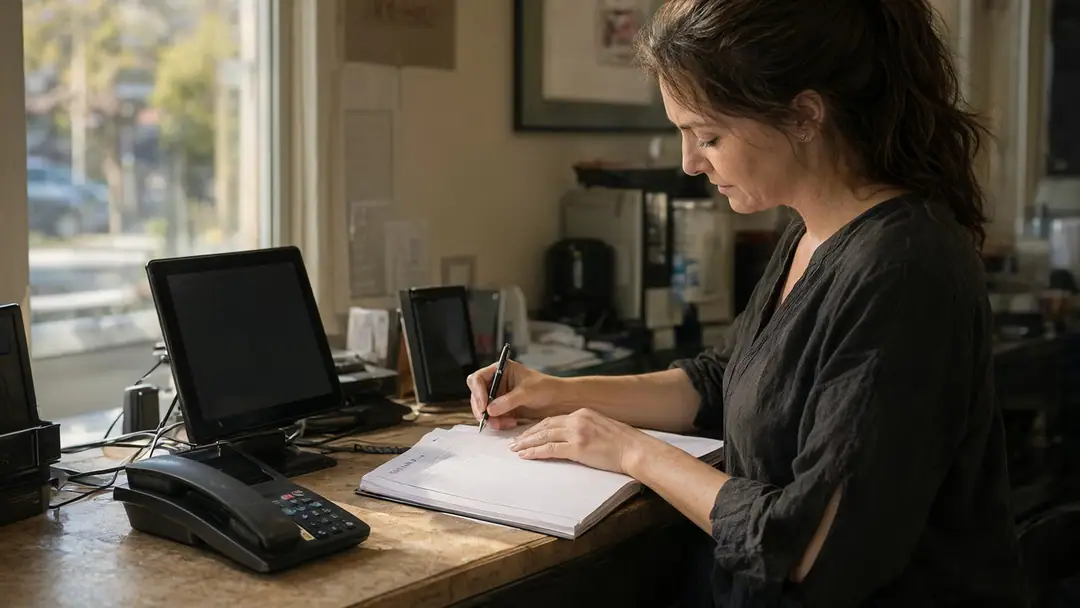 A salon receptionist writes in an appointment book at the front desk with a phone lying face down nearby.