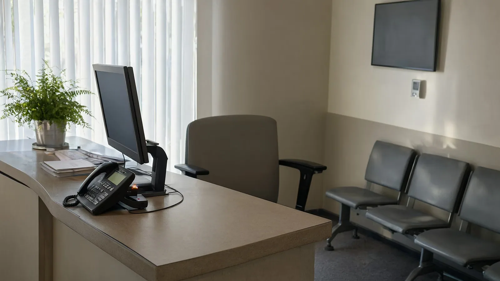 An unattended front desk with a desk phone in a quiet dental practice reception.