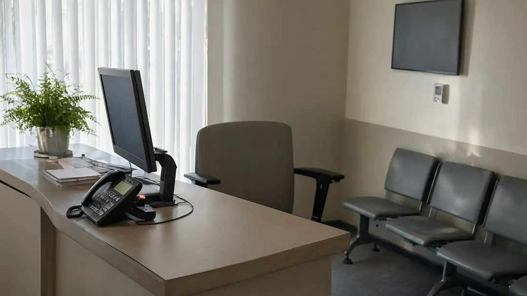 An unattended front desk with a desk phone in a quiet dental practice reception.