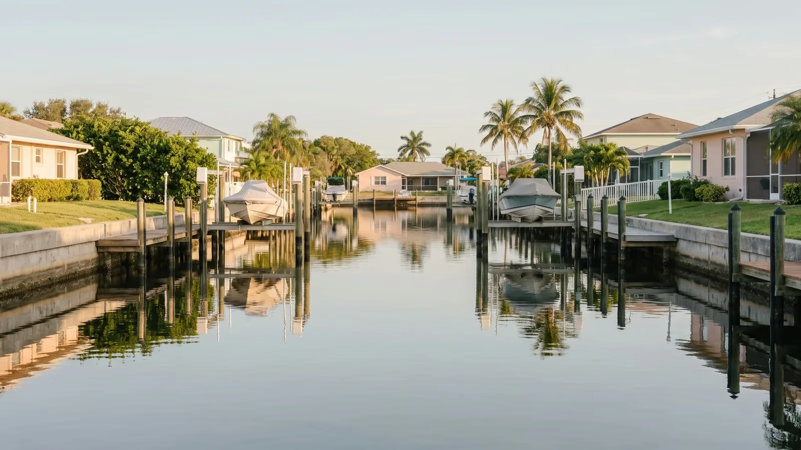 A residential canal with seawalls, private docks and boat lifts.