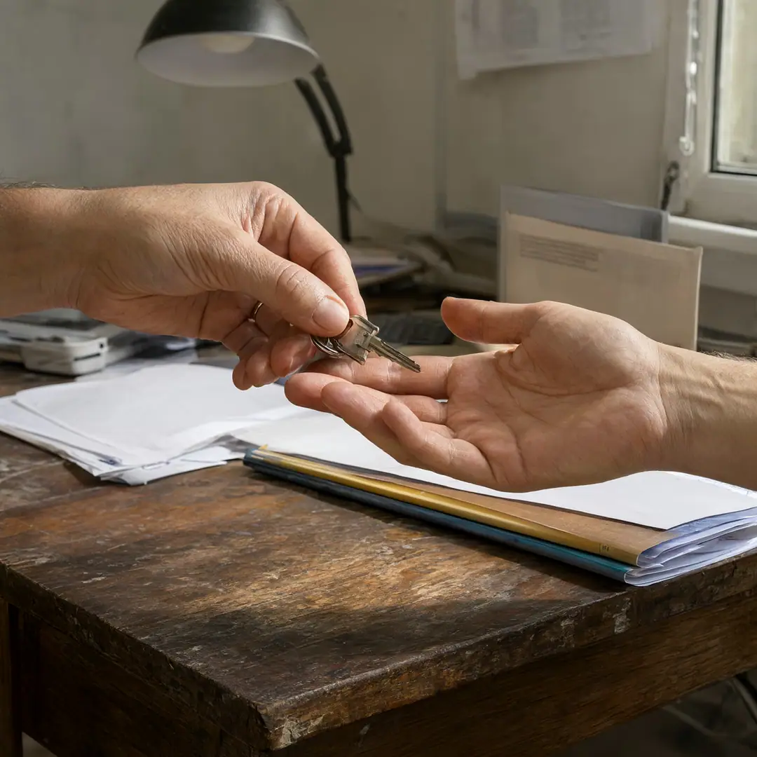 One person hands a ring of keys to another across a wooden workbench.