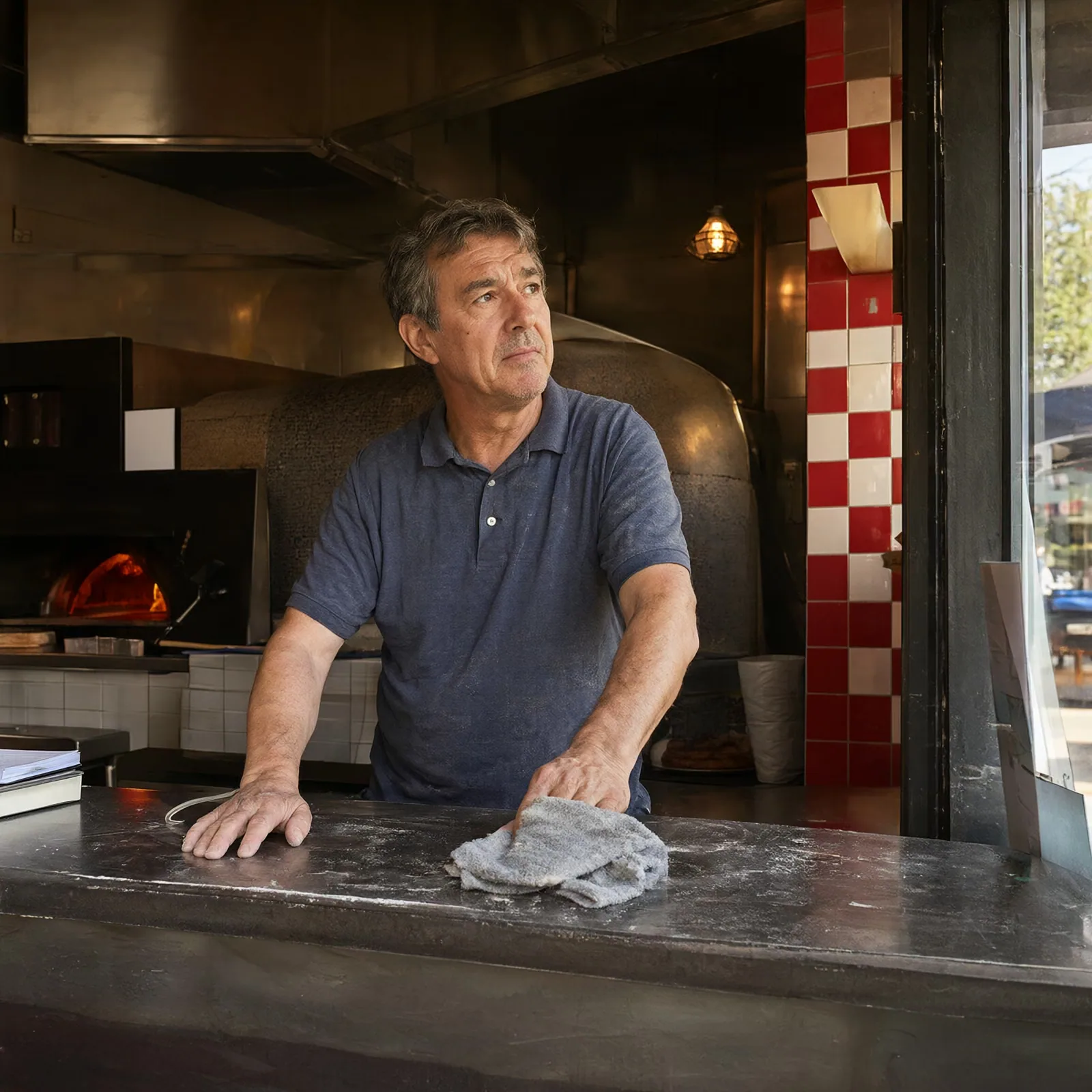 A pizzeria owner cleaning the counter at closing time, his oven glowing behind him.