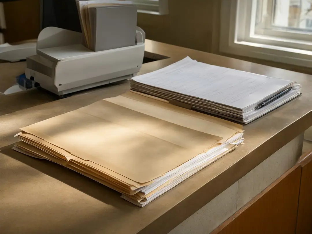 A clinic reception desk with stacked paper folders and a closed appointment book.