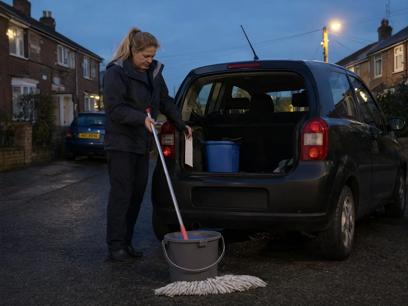 A cleaner loading her equipment into a car at dawn.