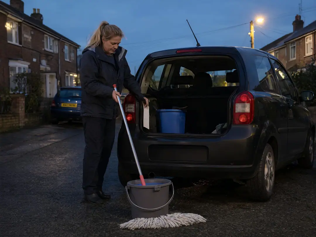 A cleaner loading her equipment into a car at dawn.