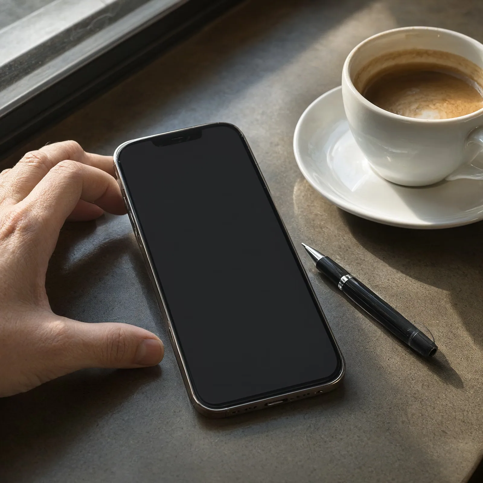A phone on a cafe counter beside a cup of coffee and a pen, with a hand resting on it.