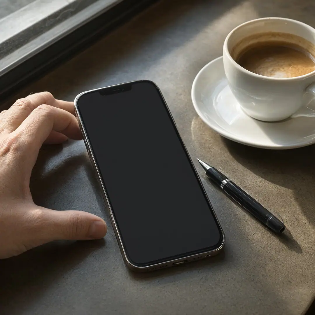 A phone on a cafe counter beside a cup of coffee and a pen, with a hand resting on it.