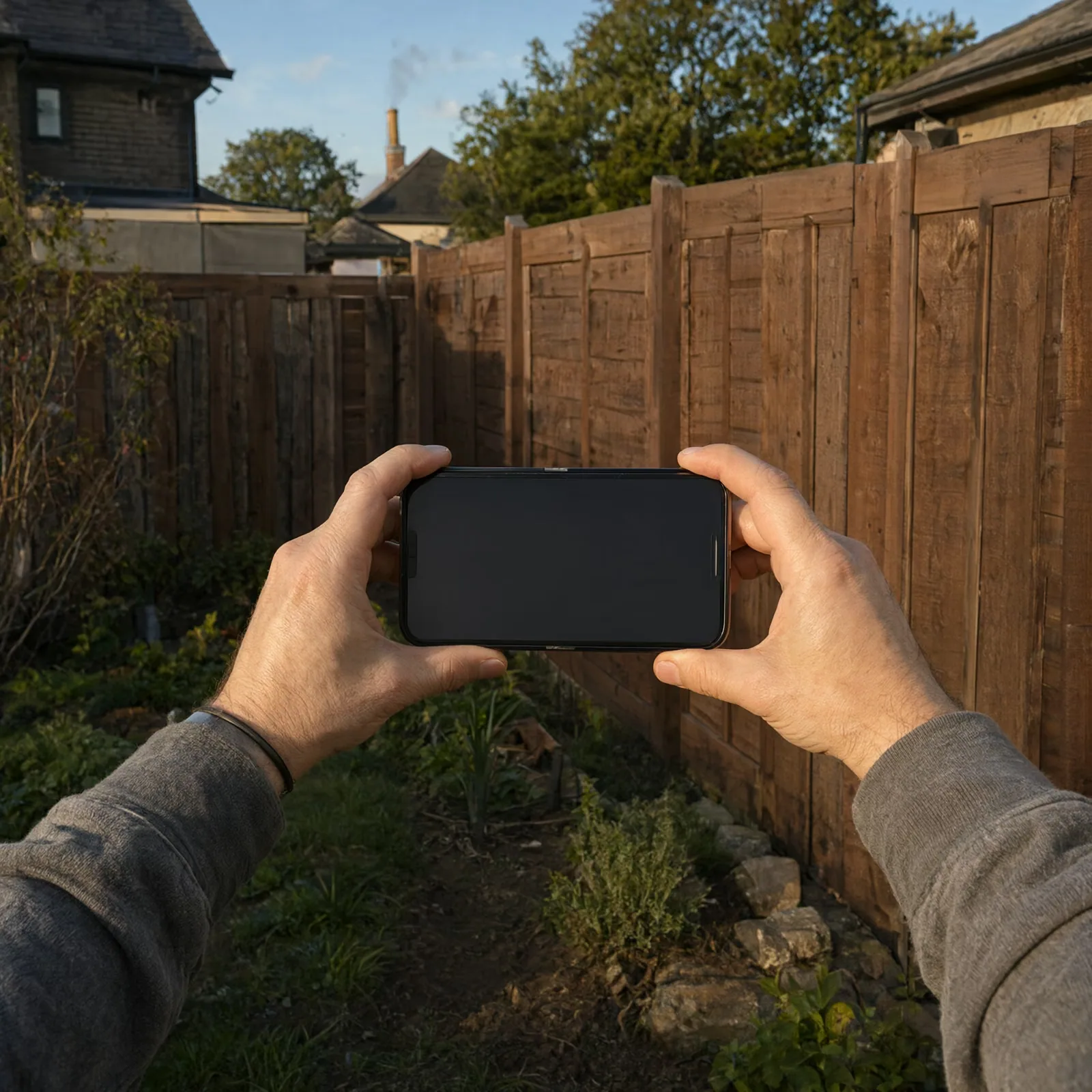 A contractor holds a phone level at chest height to photograph a new wooden fence in late afternoon light.