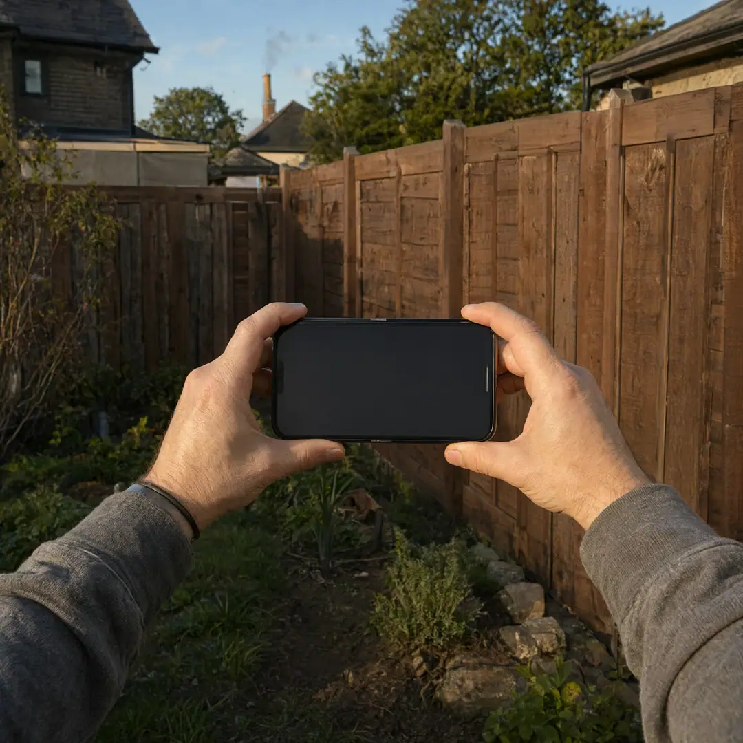 A contractor holds a phone level at chest height to photograph a new wooden fence in late afternoon light.